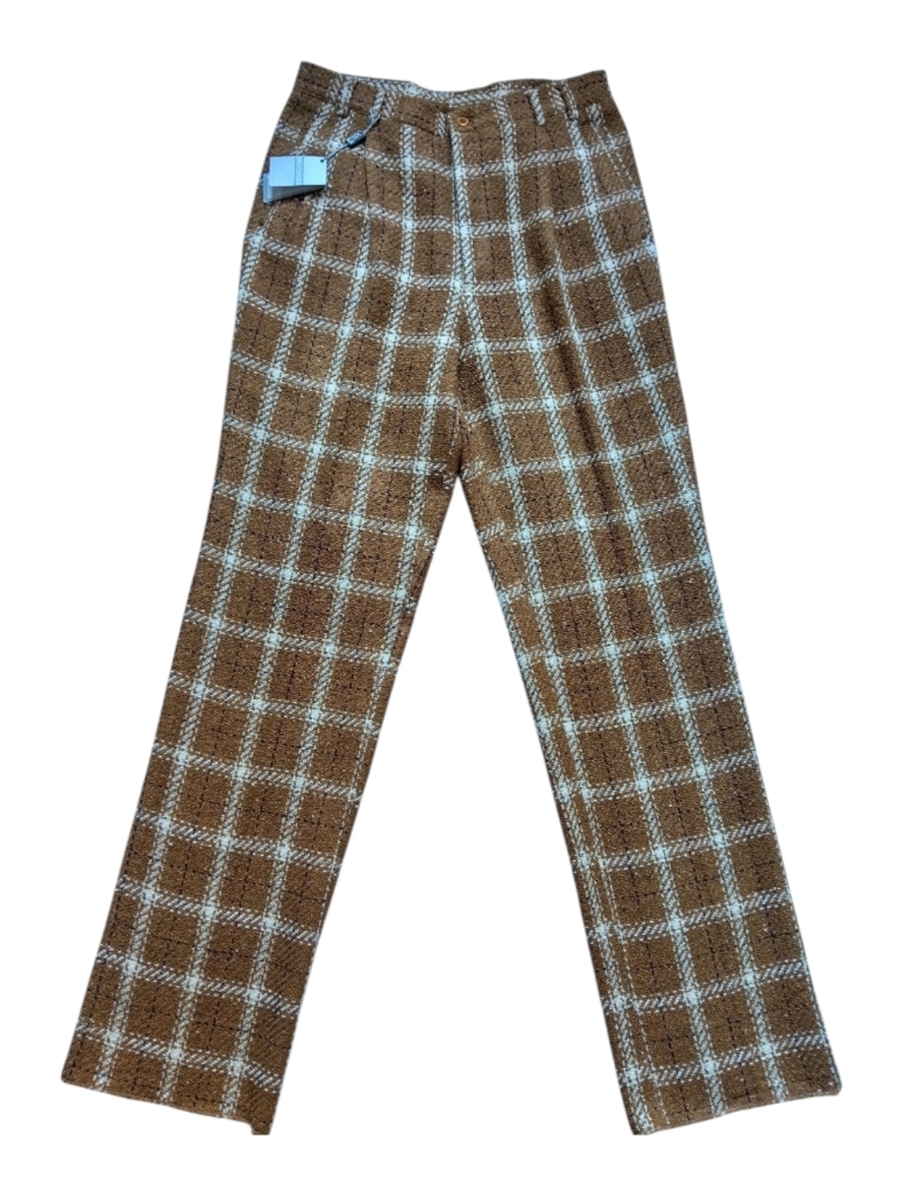 Cibreo Italy Wool Pants Mens 34 Brown Brass Check Plaid Textured Dress Trousers